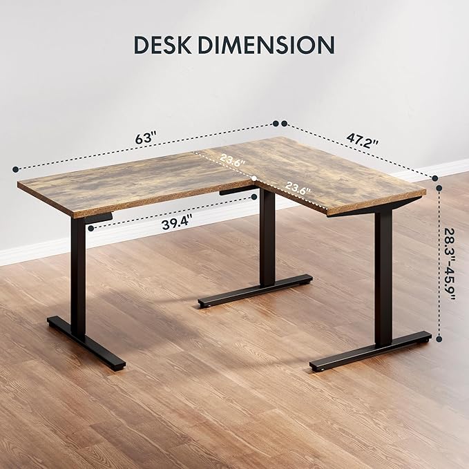 SANODESK L Shaped Standing Desk Adjustable Height, Electric Corner Standing Desk, 63 x 48 inch Sit Stand Computer Table with Splice Board, Rustic Brown