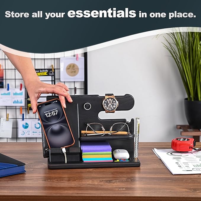 TESLYAR Wood Phone Docking Station for Men - Desk or Nightstand Organizer - Birthday Gifts for Husband or Dad - Anniversary Idea from Wife - Key Holder - Stand Wallet, Watch & Essentials (Deep Black)