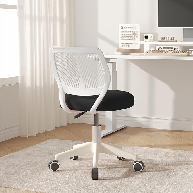 Armless Desk Chair, Height Adjustable Swivel Office Rolling Task Chairs with Soft Mesh Padded Cushion, Ergonomic Small Study Computer Chair for Girls Boys Teens (Black White, 2PCS)