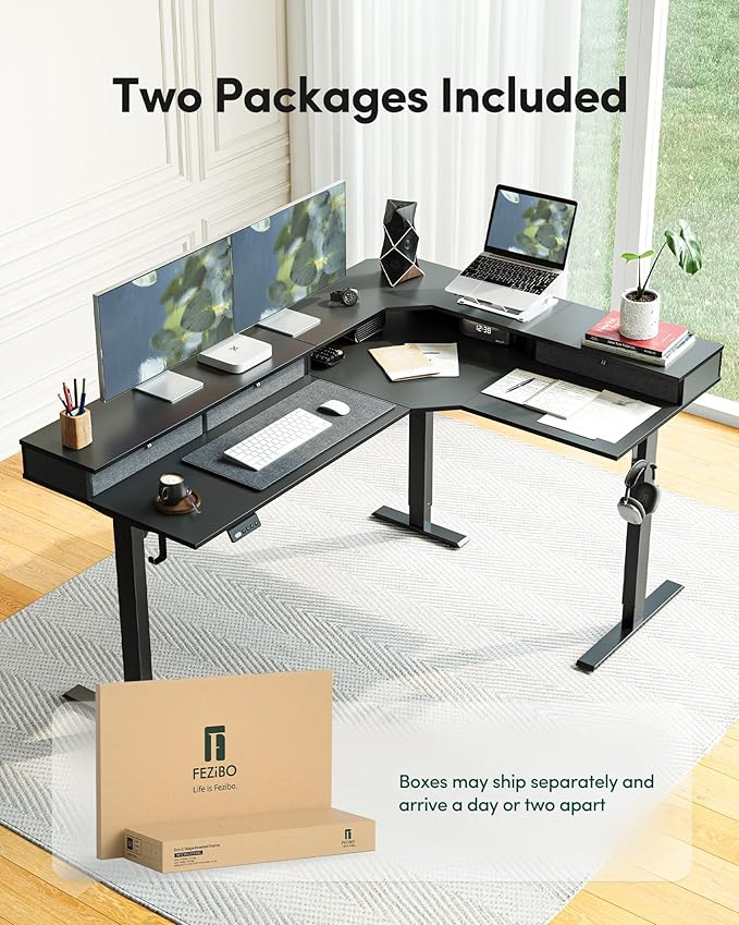 FEZIBO L Shaped Electric Standing Desk, 63 x48 inch Large with Drawers | Reversible Tabletop, 2 Memory Height Settings | Home Office & Gaming Height-Adjustable Table, Black Top/Black Frame