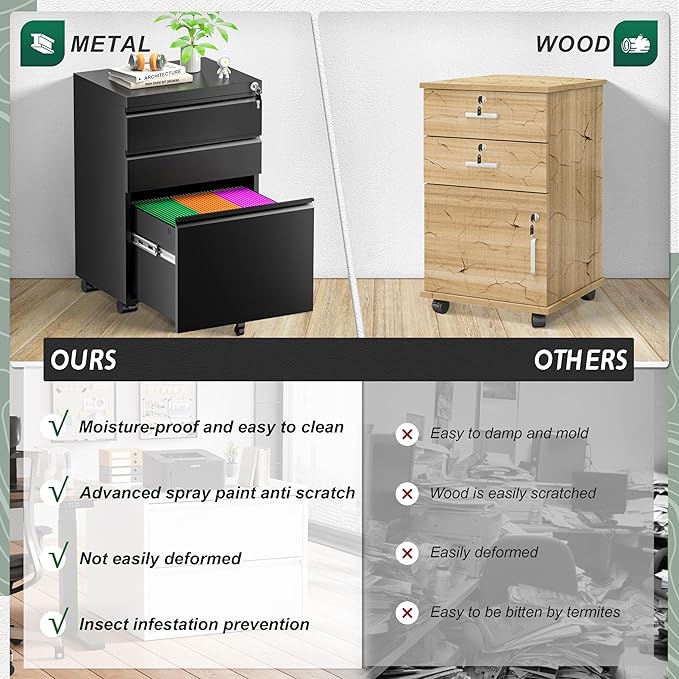 Superday File Cabinet 3 Drawer, Metal Rolling Vertical Filing Cabinet with Wheels, Small Under Desk File Cabinets for Home Office (Black)