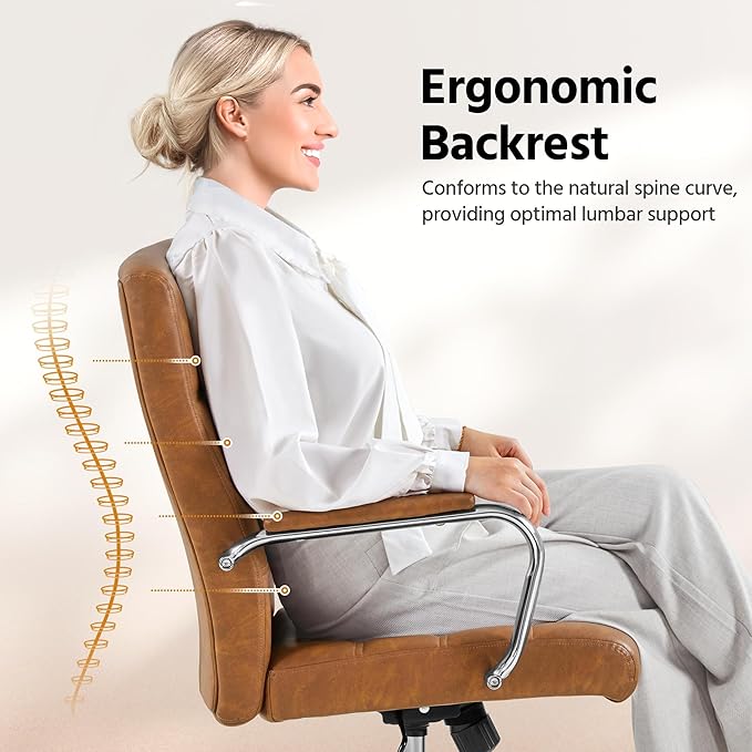Yaheetech Mid-Back Office Chair with Arms Swivel PU Leather Height Adjustable Office Executive Chair, Retro Brown