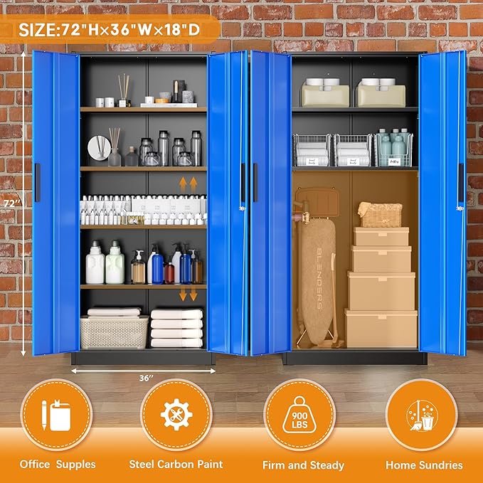 Greenvelly Metal Garage Storage Cabinet with 2 Doors and 4 Adjustable Shelves, 72" H Steel Lockable Storage Cabinet,Tall Metal Cabinet Locking File Cabinet for Office,Home, Garage, Gym, School