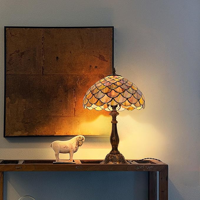 Tiffany Style Table Lamp Vintage Stained Glass Desk Lamp Mable Gradient Green Fish Scales Bedside Reading Light Decor Bedroom Living Room Home Office D12 xH18 (Green Fish Scales)