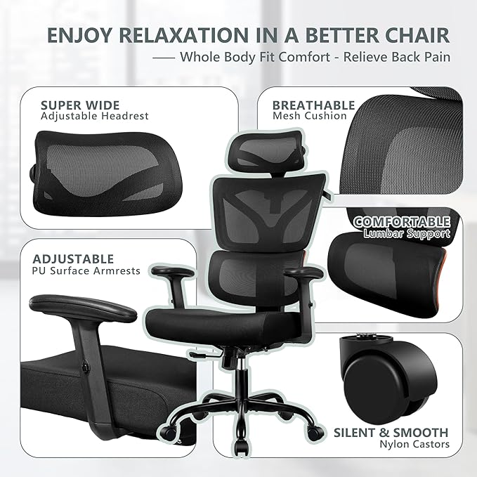 Winrise Office Desk Chair - Ergonomic High Back Reclining Gaming Chair with Breathable Mesh, Lumbar Support, Adjustable Armrests (Big and Tall - Orange)