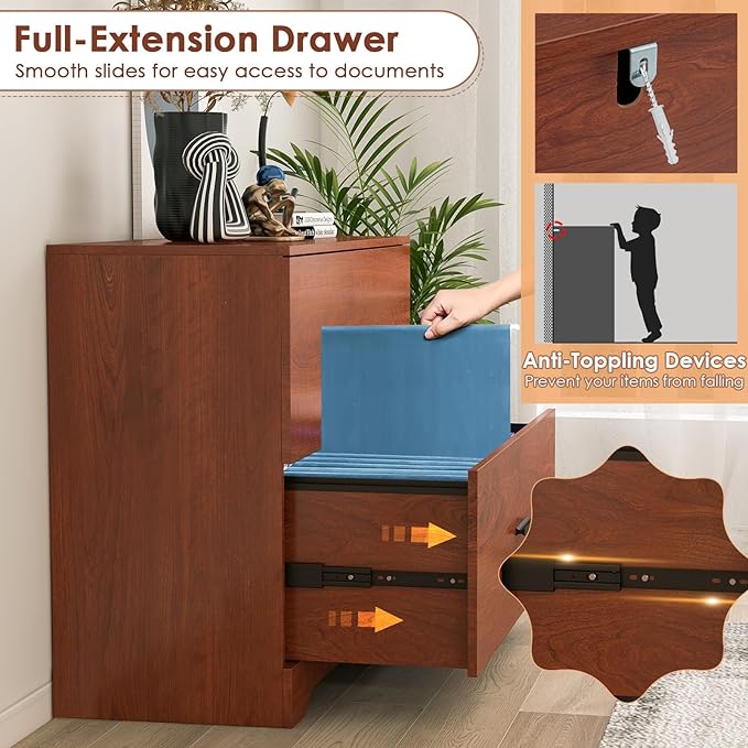 Giantex Office File Cabinet 2 Drawer - Lateral Filing Cabinet w/Anti-Toppling Device, Hanging Bars, Home Office Furniture for Hanging File Folders A4/Letter/Legal Size, File Storage Cabinet (Walnut)