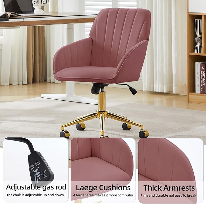 YISHENG Velvet Office Desk Chair with Gold Base, with Wheels,Modern Height Adjustable 360 Degree Swivel Upholstered Vanity Chairs with Arms for Living Room Bedroom,Rose
