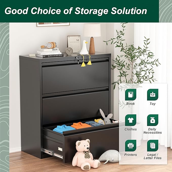 Superday Filing Cabinet Lateral File Cabinet 3 Drawer, Black File Cabinets with Lock, Locking Metal Office Filing Cabinets for Home Office/Legal/Letter/A4/F4