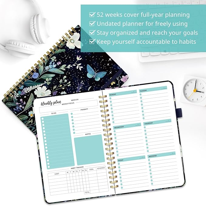 Undated Weekly Planner, Weekly To Do List Notebook with Goal & Habit Tracker Organizer, A5 Weekly Planner Notebook with Spiral Binding, 6.1" x 8.2" - Celestial Garden