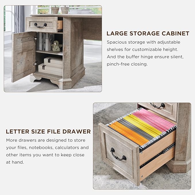 T4TREAM 59" Executive L Shaped Desk with Drawers,Farmhouse Wood Computer Coner Desk, Featuring Charging Station,File Drawer, Storage Cabinet,for Home Office Work and Study (Light Rustic Oak)