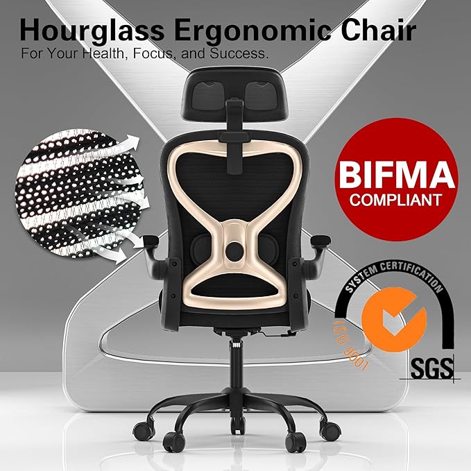 Office Chair for Back & Neck Pain Relief, Virgin Foam Seat, 2D Adjustable Lumbar & 3D Headrest, Flip-Up Armrests, Tilt & Rock for Relaxation, Black/Gold