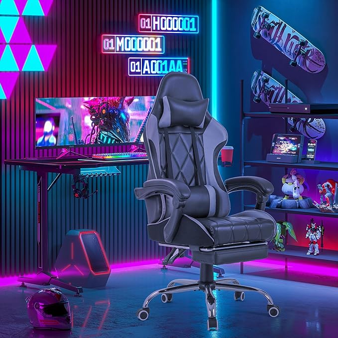Homall Gaming Chair, Computer Chair with Footrest and Massage Lumbar Support, Ergonomic High Back Video Game Chair with Swivel Seat and Headrest (Grey)