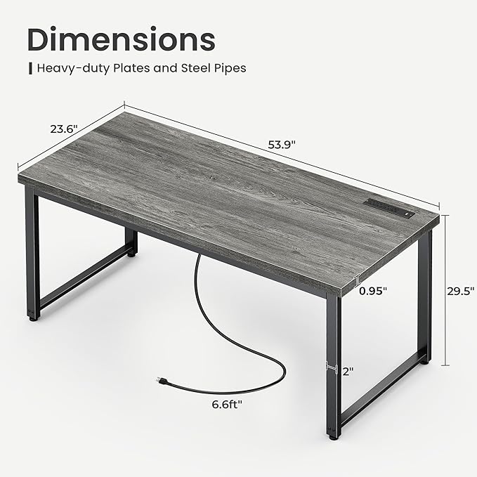 Huuger 55 x 24 inch Desk with Power Outlets & USB-C, Deeper & Thicker Desktop, Robust Metal Tubes, Computer Desk, Heavy Duty Office Desk, Work Gaming Desk for Home Office, Grey