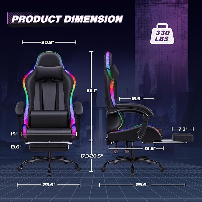Homall Gaming Chair, Video Game Chair with Footrest and Massage Lumbar Support, Ergonomic Computer Chair Height Adjustable with Swivel Seat and Headrest (RGB Dark Black)