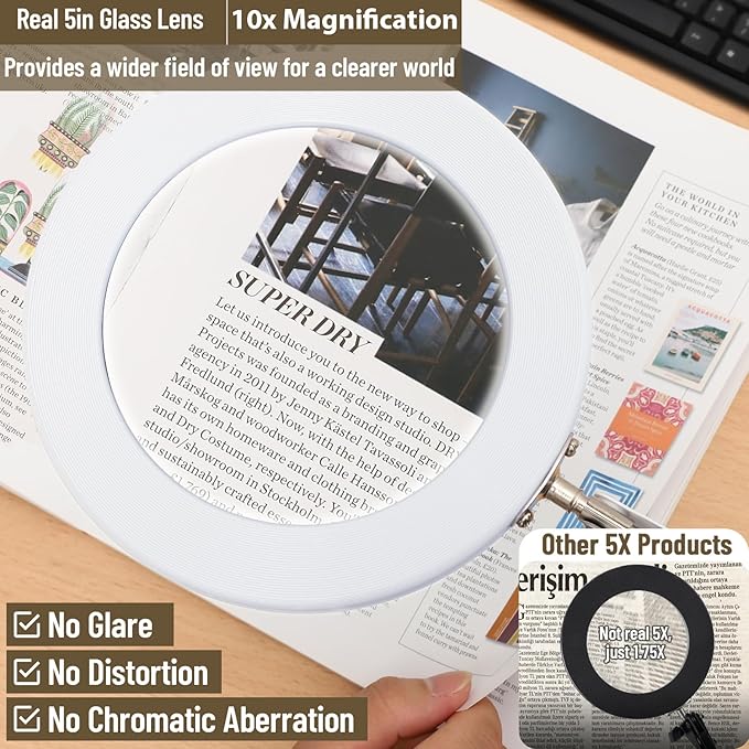 LANCOSC Magnifying Glass with Light and Stand, 5 Inches 10X Real Glass Lens, 3 Color Modes Stepless Dimmable LED Desk Lamp, Adjustable Arm Magnifier Light for Reading Repair Crafts Close Work - White