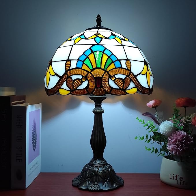 Tiffany Table Lamp 12X12X19 Inch Yellow Baroque Style Stained Glass Lamp Antique Bedside Desk Reading Light for Bedroom Living Room Home Office Include 3-Color LED Bulb