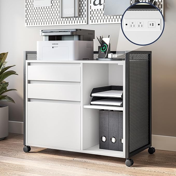 BELLEZE 3-Drawer Mobile File Cabinet Desk with Ultra-Fast USB Type A/C Outlet, Rolling Printer Stand with 2-Tier Open Shelves, Lateral Filing Cabinet for Home Office (Rider Desk - White)