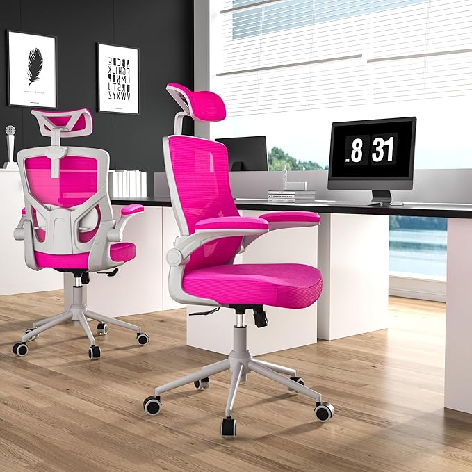 Ergonomic Office Chair with Adjustable Headrest & Lumbar Support - High Back Desk Chair with Flip-Up Arms, 360 Swivel Executive Computer Task Chair (Modern, Neon Pink)