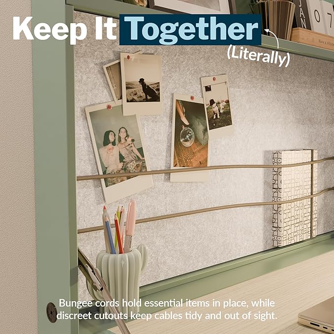 Vari Hide-Away Wall Mounted Floating Desk - 32” Foldable Murphy-Style Desk for Bedroom, Dorm, Apartment + Cable Ports, Bungee Storage, Shelf, 100 Lb Capacity + Simple Assembly (Seafoam/Light Wood)