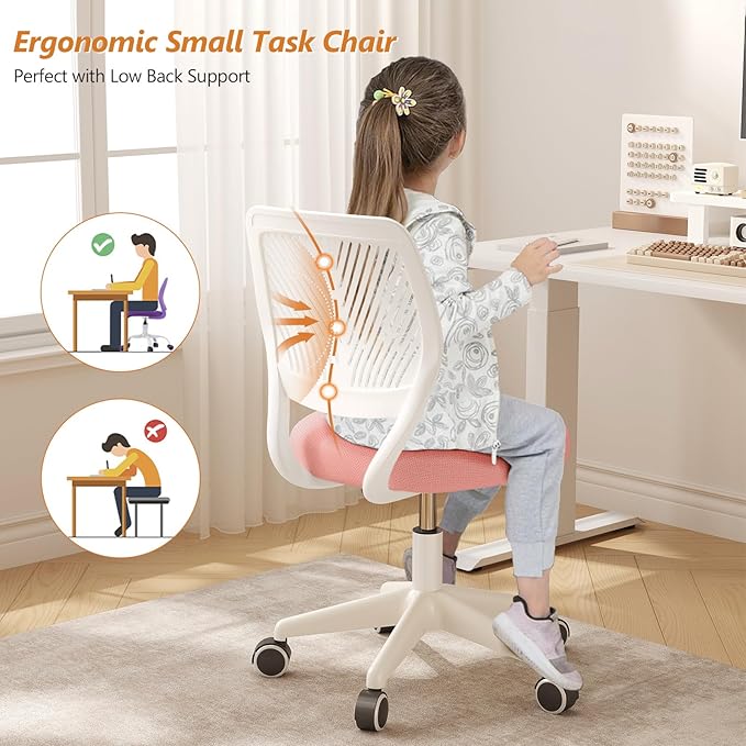 Armless Desk Chair, Height Adjustable Swivel Office Rolling Task Chairs with Soft Mesh Padded Cushion, Ergonomic Small Study Computer Chair for Girls Boys Teens (Pink, 4PCS)
