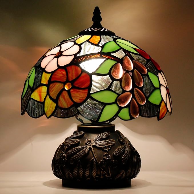 Small Tiffany Table Lamp Brown Grape Style Stained Glass Desk Lamp 10X11.5 Inch Mushroom Table Light for Office Home Living Room Bedroom