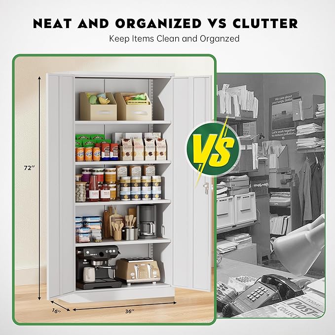 Greenvelly Metal Garage Storage Cabinet,Steel Lockable Storage Cabinet with 2 Doors and 4 Adjustable Shelves,Tall Metal Cabinet Locking File Cabinet for Office,Home, Garage, Gym, School