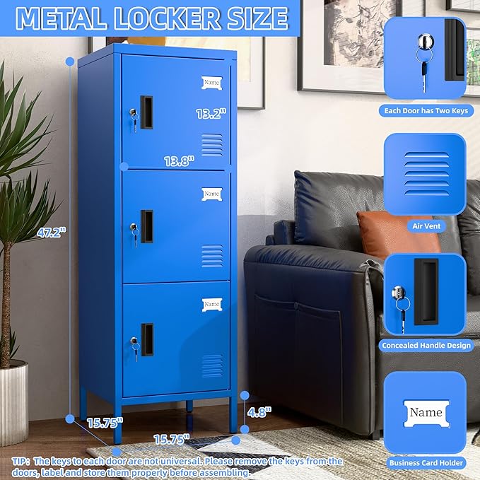 Metal Locker with Ventilation Holes, Metal Storage Cabinet with Lock and Card Slof for Home,School, Office, Gaeage,47.3" H x 15.8" W x 15.8" D,Assembly Required,Blue