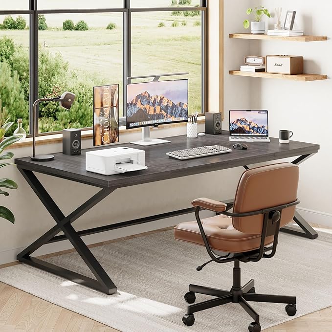 IBF 70 Inch Large Desk, Long Computer Desk for Writing Study, Industrial Home Office Work Executive Desk for Bedroom, Wood Metal Pc Gaming Workstation Computer Table for 2 Monitors, Dark Gray Oak