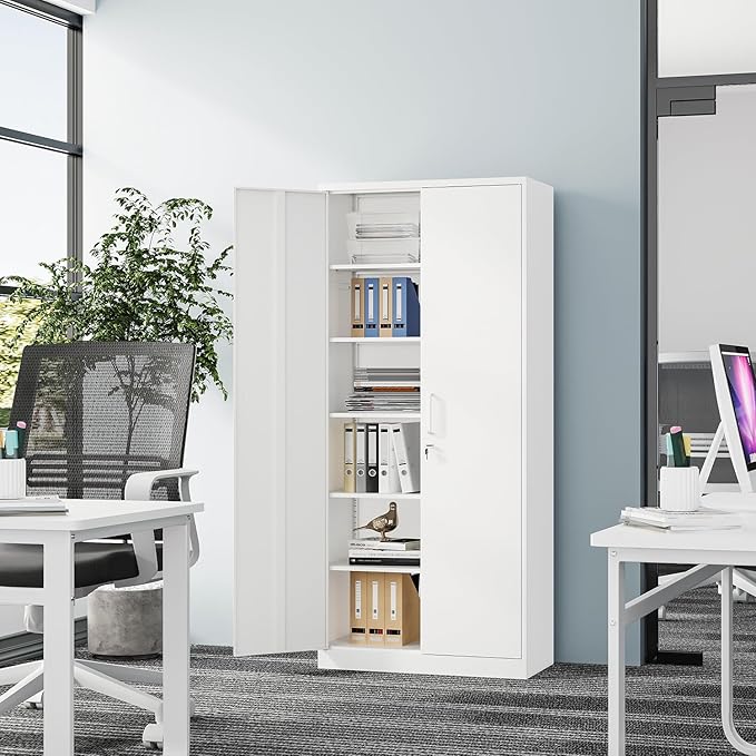 Metal Storage Cabinet-72” Tall Steel File Cabinets with Lockable Doors and 5 Adjustable Shelves-White Steel Storage Cabinet for Home, School, Office, Garage