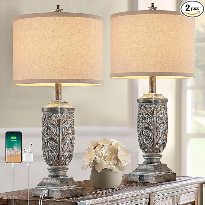 Set of 2 Farmhouse Table Lamps for Living Room, Rustic Vintage Bedside Nightstand Lamp with USB A+C, 28.5" Tall Bronze Leafwork Resin Lamps for Bedroom End Table, Rotary Switch