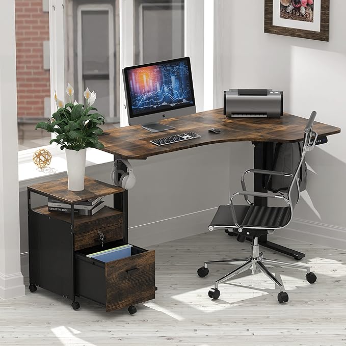 SHW Box File Rolling Mobile Cabinet with Open Shelf and Lockable Drawer, Rustic Brown