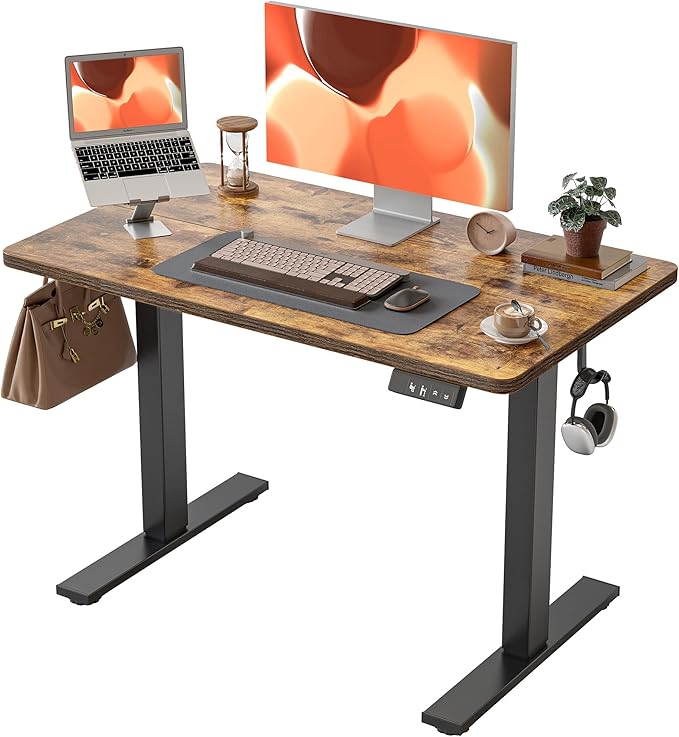 TIQLAB Height Adjustable Electric Standing Desk, 40 x 24 inch, Sit Stand Up Desk, Splice Board, Computer Home Office Desk, Rustic Brown Top