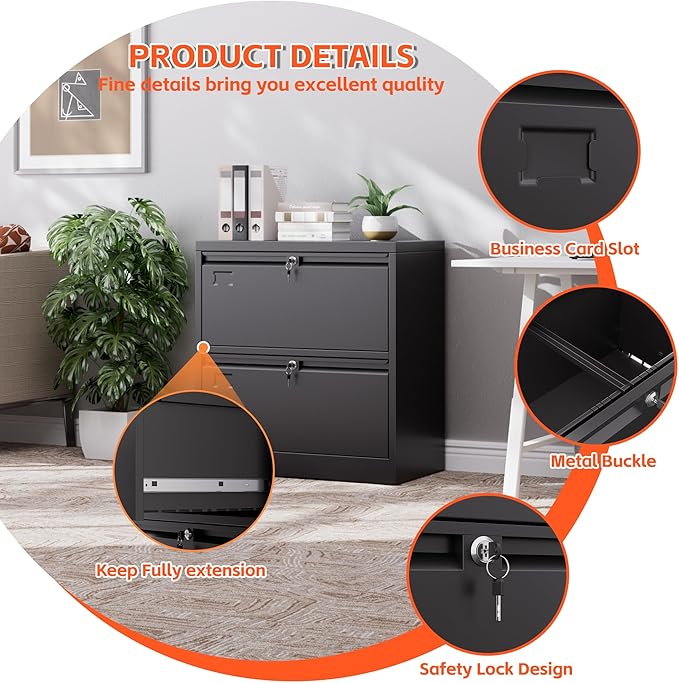 METAN Upgrade Metal 2 Drawer Lateral Files Cabinet for Home Office, Lockable Steel Wide File Storage Cabinet for Hanging Legal/Letter A4 Size, Assembly Required, Black