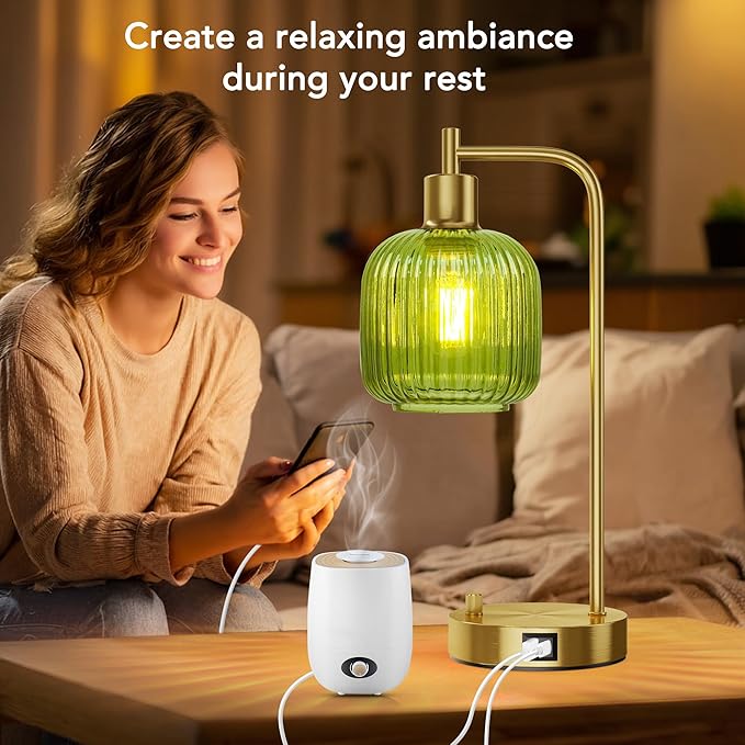 QiMH Industrial Table Lamp for Bedroom Set of 2, Green Glass Beside Lamp with USB A&C Ports, Stepless Dimmable Gold Lamps, Nightstand Lamps for Living Room, Office, Home Decor(Bulb Included)