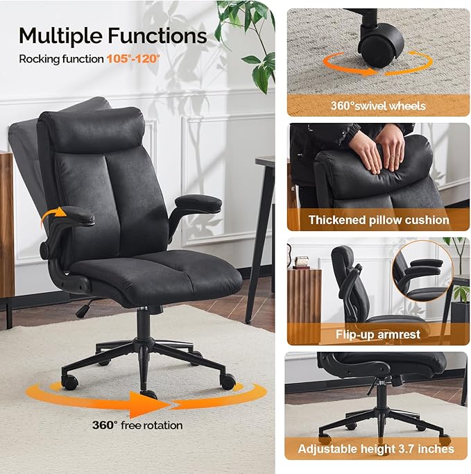VINGLI Rolling Ergonomic Office Desk Chair with Padded Flip-up Arms, 360° Swivel High Back Executive Computer Task Chair with Wheels for Game,Home Small Space, Study Room, Reading Room,Pu Black