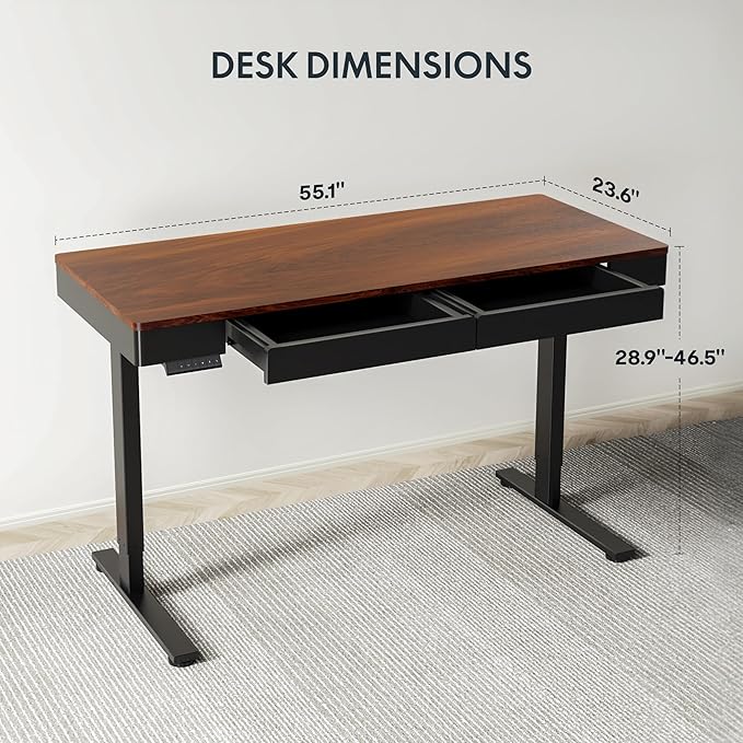 SANODESK Electric Standing Desk with 2 Drawers, 55 x 24 inch Height Adjustable Computer Desk, Home Office Stand Up Desk with 4 Preset Heights, Dark Walnut