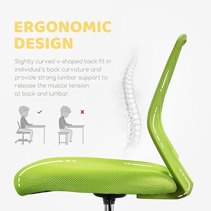 Yaheetech Kids Cute Desk Chair Armless Small Computer Chair with Lumbar Support for Teens Low-Back Bedroom School, Green