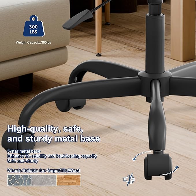 Misolant Vanity Chair with back, Small Armless Cute office Chair with wheels and Lumbar support, Comfy PU Leather Desk Computer Chairs with Adjustable Height, 360°Swivel for Home Bedroom Office, Black