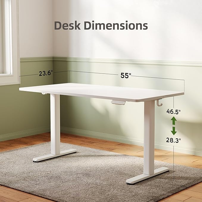 INNOVAR Electric Standing Desk, Adjustable Height Stand up Desks, 55 x 24 Inches Sit Stand up Desk for Home Office Computing, 3-Preset Memory Height Ergonomic Rising Desks, White