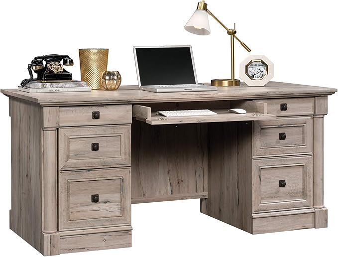 Sauder Palladia Office Desk with Drawers, Executive Desk with File Cabinet Storage, Cable Management, Keyboard Tray, in Split Oak Finish