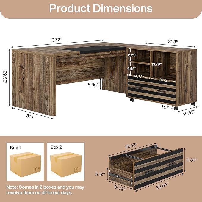 Tribesigns 62.2" Executive Desk with Mobile File Cabinet, L-Shaped Office Desk with Storage Shelves, Large Computer Desk Business Workstation Set for Home Office, Light Brown