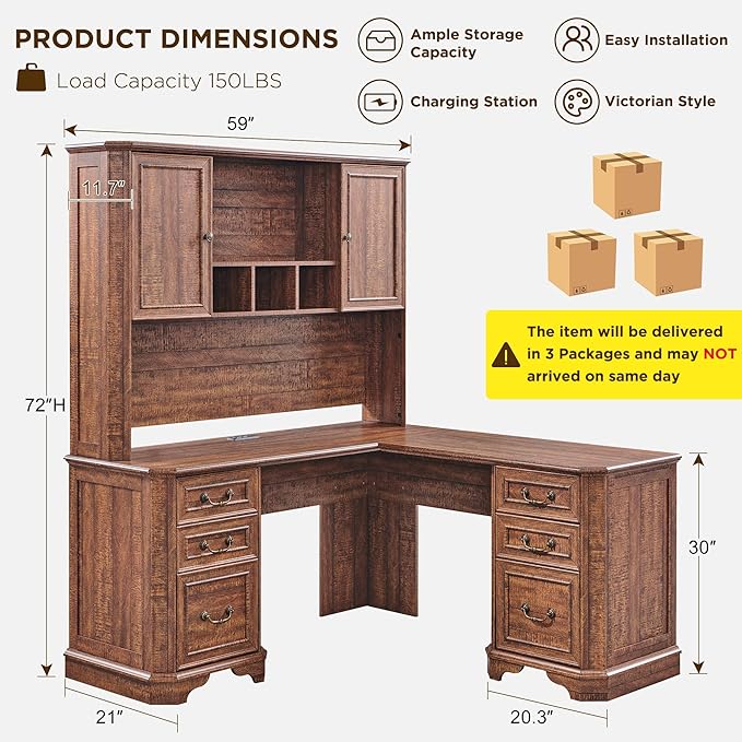 T4TREAM 59" Executive L Shaped Desk with Hutch,Victorian Wood Computer Desk, Featuring Charging Station,File Drawer, Storage Cabinet,for Home Office Work and Study (Reclaimed Barnwood)