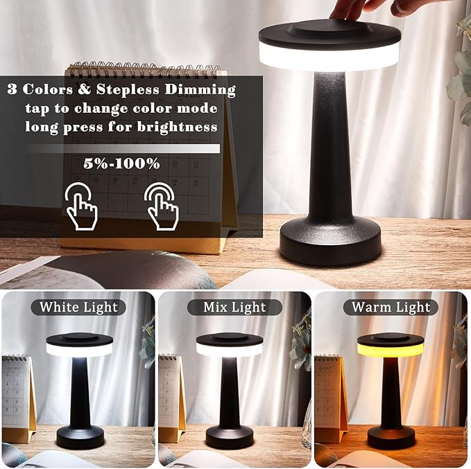 VIHOSE 12 Pcs Black Cordless Table Lamps LED Portable Rechargeable Table Lamp with Touch Sensor 3 Color Dimming up to 15 Hours Battery Desk Light for Restaurant Nursery Living Room