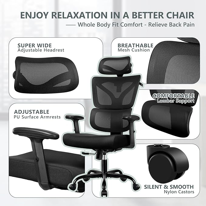 Winrise Office Chair Ergonomic Desk Chair, High Back Gaming Chair, Big and Tall Reclining Comfy Home Office Chair Lumbar Support Breathable Mesh Computer Chair Adjustable Armrests (Black)