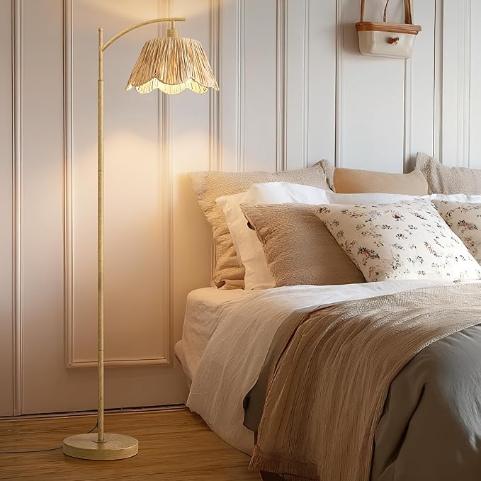 Oneach Arc Floor Lamp for Living Room with 3 Color Temperatures, Rattan Boho Floor Lamp with Remote & Dimmable Bulb, Farmhouse Floor Lamps Suitable for Bedroom, Study(Light Woodgrain)
