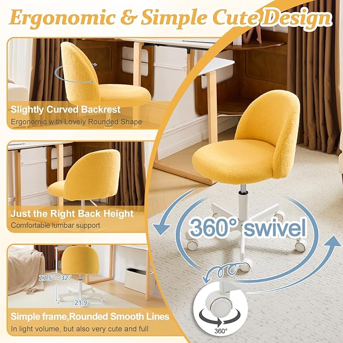 VINGLI Candy Chair Armless Cute Desk Chair,Comfy Small Office Chair with Wheels,Vanity Chair Lumbar Support,Teddy Adjustable Rolling Swivel Computer Task Chair for Home Office,Bedroom,Sunny Egg Yellow