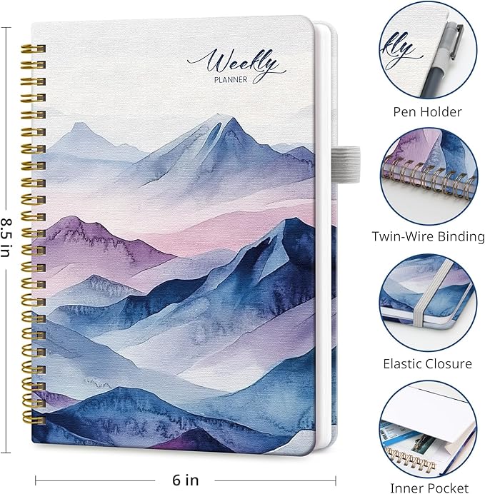 Undated Weekly Planner, Weekly To Do List Notebook with Goal & Habit Tracker Organizer, A5 Weekly Planner Notebook with Spiral Binding, 6.1" x 8.2" - Distant Peaks