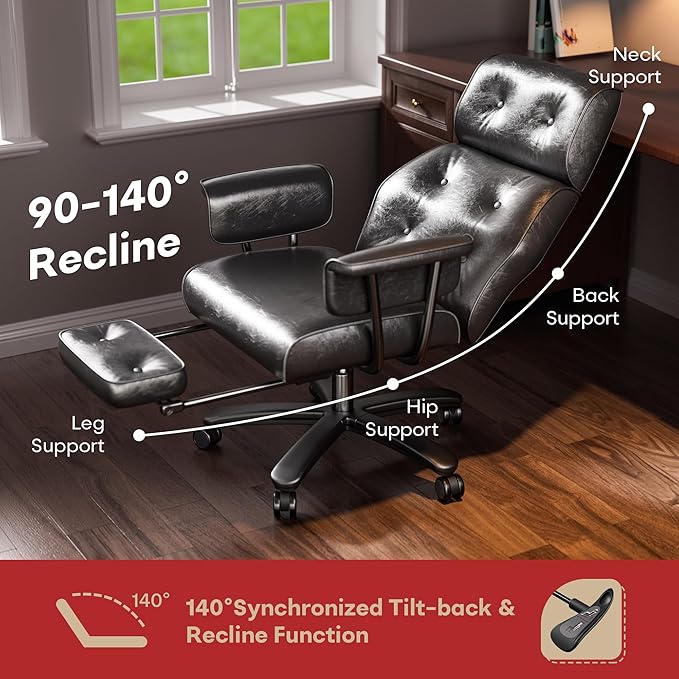 Reclining Office Chair with Footrest, Big and Tall Office Desk Chair 400lbs Wide Seat with Leather, Ergonomic High Back, Button Tufted Vintage Design, Black