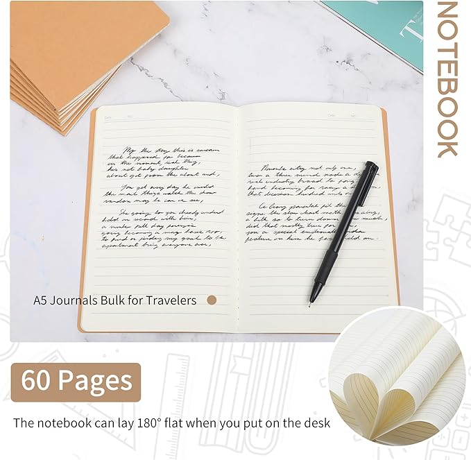 miikoul 72 Pack A5 Kraft Paper Notebook Lined Journal Bulk, 8.3 X 5.5 Inch, 60 Pages/30 Sheets, 80gsm, Travel Notebook Notepad for Adult, Students, Gift, Office, Back to School Supplies