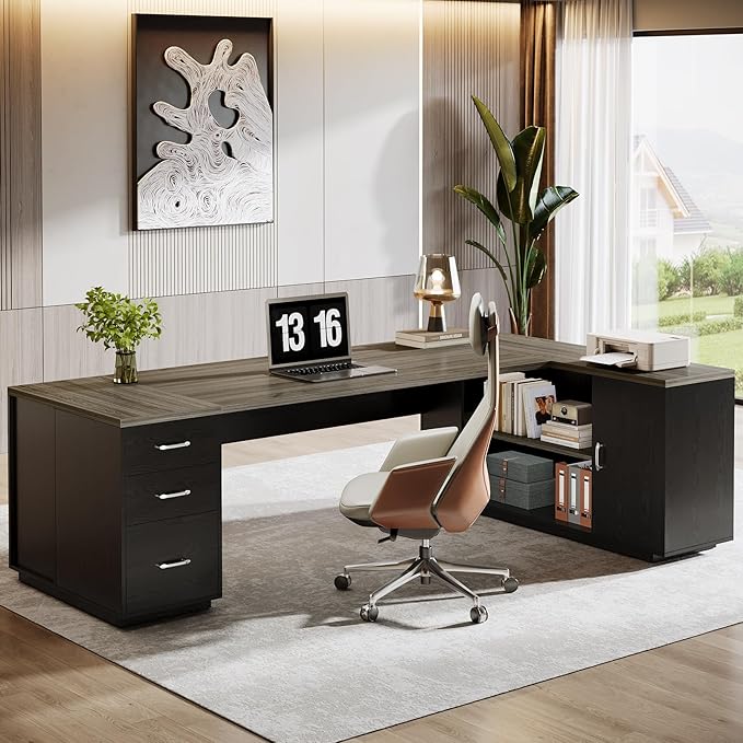 Tribesigns 85.8-Inch L-Shaped Executive Office Desk with File Drawers & Storage Cabinet, Professional Corner Computer Desk Extra Large Business Workstation with Adjustable Shelves (Gray&Black)